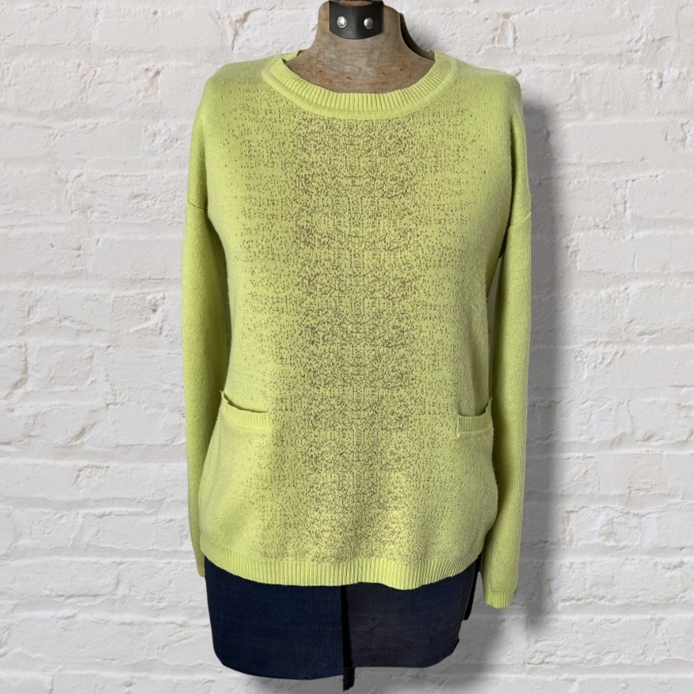 Parkhurst Lime Green Gold Speckled Crew Neck Front Pockets Wool Blend Sweater